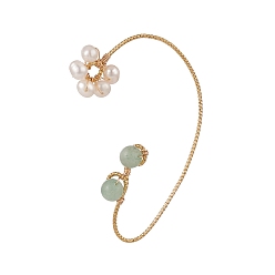 Green Aventurine Natural Green Aventurine & Pearl Braided Flower Cuff Earrings, Gold Platd Brass Wire Wrap Climber Wrap Around Earrings for Non Piercing, 58.5x37.5x1mm