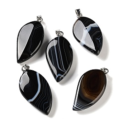 Ágata Raya Colgantes de ágata negra natural teñida y tratada térmicamente., con 304 presas de acero inoxidable a presión, encanto de la hoja, 44~45x22~23x7~9 mm, agujero: 7x4 mm