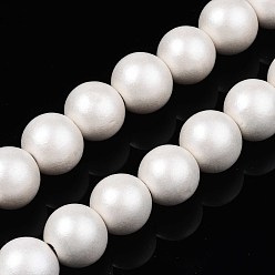 Floral White Painted Natural Wood Beads Strands, Round, Floral White, 15~16x14~15mm, Hole: 3.5~4.5mm, about 25pcs/strand, 14.25 inch~14.33 inch(36.2cm~36.4cm)