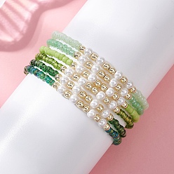 Зеленый Стеклянные браслеты из бисера, с оболочкой жемчуг, круглые, золотые, зелёные, 6-3/4x1/8 дюйм (17.3x0.45 см), 6 шт / комплект