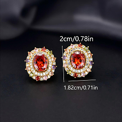 Red Brass Micro Pave Cubic Zirconia Stud Earrings for Women, Oval, Golden, Red, 20x18.2mm