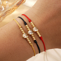 (52) Непрозрачная лаванда 3шт. регулируемые латунные микро-паве прозрачные кубические циркониевые бусины плетеные браслеты. вощеные шнуры плетеные браслеты для женщин, сердце, с открытки, разноцветные, внутренний диаметр: 11 дюйм (28 см)