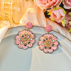 Pink Серьги с подвесками в богемном стиле из рафии с цветком, со сплавом, украшения для женщин, платина, розовые, 60x45 мм