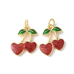 Вишня Латунь эмаль подвески, с целью перехода в кольце, долговечный, без кадмия и без свинца, стойки покрытие, реальный 18 k позолоченный, фруктовое очарование, вишня, 16x13x2 мм, отверстие : 3.5 мм