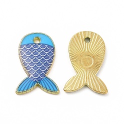 Темно-Голубой Стойки подвески обшивки сплава, напечатанный, без свинца, без кадмии и без никеля, очарование рыбы, золотой свет, глубокое синее небо, 19x12.5x1.5 мм, отверстие : 1.4 мм