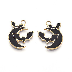 Настоящее золото 18K 304 подвески из нержавеющей стали, с эмалью, подвески луна и летучая мышь, ионное покрытие (ip), реальный 18 k позолоченный, 20.5x16x1.5 мм, отверстие : 2.5 мм