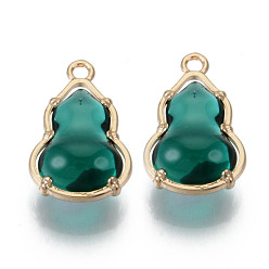 Teal Glass Pendants, with Alloy Open Back Settings, Cadmium Free & Nickel Free & Lead Free, Gourd, Light Gold, Teal, 18.5x11.5x7mm, Hole: 1.6mm