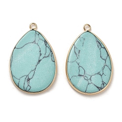 Golden Dyed Synthetic Turquoise Pendants, Brass Teardrop Charms, Golden, 39x25x2.8mm, Hole: 2.2mm