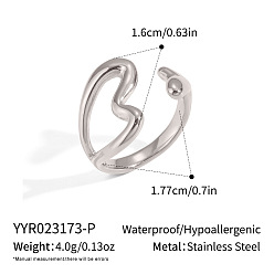 Stainless Steel Color 304 Stainless Steel Cuff Open Rings for Women, Heart, Stainless Steel Color, 16mm, US Size 7 1/2(17.7mm)