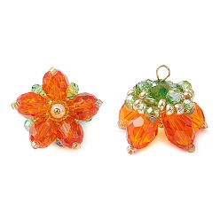 Темно-Оранжевый Прозрачные стеклянные подвески, цветочный шарм, со стеклянными жемчужными бусинами и латунными петлями, граненые, темно-оранжевый, 20x23x22 мм, отверстие : 2x3 мм