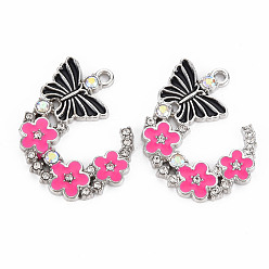 Rose Chaud Pendentifs en alliage, avec l'émail, platine, papillon avec fleur, rose chaud, 22x29x2mm, Trou: 1.8mm