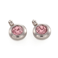 Розовый Модный оригинальный цвет 304 из нержавеющей стали граненый хрусталь класса плоские круглые очаровывает подвески, очарование первобытного камня апреля, цвет нержавеющей стали, светло-розовый, 9x6.5x4 мм, отверстие : 2 мм