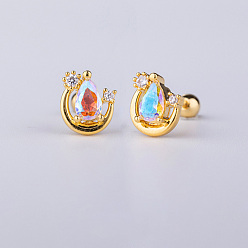 Луна Серьги-гвоздики с латунным паве из разноцветных кубических цирконий, с 316 l хирургическими штифтами из нержавеющей стали, золотые, луна, Длина стержня: 6мм, штифты : 0.8 мм