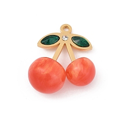 Оранжевый 304 подвески из нержавеющей стали, вишня, со смолой, стразами и блестящей пудрой, ионное покрытие (ip), реальный 18 k позолоченный, оранжевые, 23x22.5x12 мм, отверстие : 1.8 мм