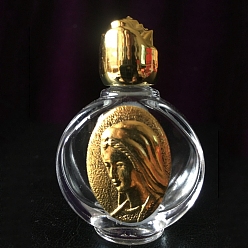 Antique Golden Glass Holy Water Bottle with Zinc Alloy Cap, Religion Portable Refillable Container, Antique Golden, 6.7x4.4cm