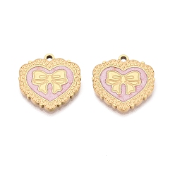 Розовый 304 нержавеющей стальной эмали подвески, подвески в виде сердца и банта, ионное покрытие (ip), долговечный, золотые, туманная роза, 16x16.5x1.5 мм, отверстие : 1.5 мм