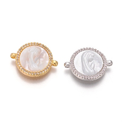 (52) Непрозрачная лаванда Соединители из латуни с микропаве и кубическим цирконием, с оболочкой, плоские круглые с Девой Марией, прозрачные, разноцветные, 15x20x3 мм, отверстие : 1.2 мм
