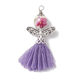 Средний Фиолетовый Большие подвески из фарфора с кисточками из поликоттона, ангел, средне фиолетовый, 54.5x34x10.5 мм, отверстие : 2.5 мм
