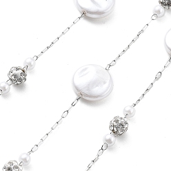 Нержавеющая Сталь Цвет Цепочки из нержавеющей стали ручной работы 304, с полимерными стразами и искусственным жемчугом из АБС-пластика, пайки, плоско-круглые, с катушкой, цвет нержавеющей стали, 10x3.5 мм, около 16.40 футов (5 м) / рулон