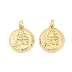 Настоящее золото 18K Латунные подвески, круглый со словом будь свободен, с целью перехода в кольце, без кадмия и без свинца, стойки покрытие, долговечный, реальный 18 k позолоченный, 19.5x17x3 мм, отверстие : 3.4 мм