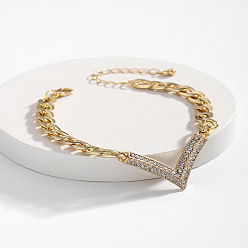 Золотой Браслеты из сплава со стразами в форме буквы V, браслеты из кубинской цепочки для женщин, золотые, 190 мм