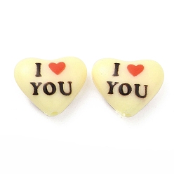 Лимонный шифон Непрозрачные акриловые бусины, печатные бисера, сердце со словом, лимонный шифон, 12x14.5x6 мм, отверстие : 1 мм