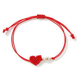 Letter H Браслеты из плетеных бусин из латуни и смолы, Регулируемые браслеты из волоконного шнура в форме сердца для женщин, плоские круглые с буквы, Письмо ч, 11.02 дюйм (28 см)