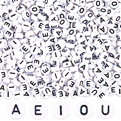 Черный 1000шт 5 стили акриловые горизонтальные бусины с буквами, плоский круглый аеиу, чёрные, 7x4 мм, отверстие : 1 мм, 200 шт / стиль