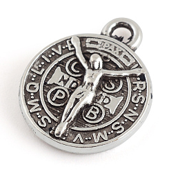 Античное Серебро Сплавочные подвески тибетского стиля, плоские круглые с святым Бенедиктом, без кадмия и без свинца, античное серебро, 17x14x3 мм, Отверстие : 2 мм , около 540 шт / 1000 г