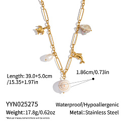 Dolphin Подвеска из натуральной ракушки 304 цепочка-скрепка из нержавеющей стали для женщин, реальный 18 k позолоченный, дельфин, 15.35 дюйм (39 см)