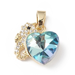 Light Blue Real 18K Gold Plated Rack Plating Brass Micro Pave Cubic Zirconia Pendants, with Glass, Long-Lasting Plated, Cadmium Free & Lead Free, Sea Horse with Heart, Light Blue, 16.5x15.5x8mm, Hole: 5x3mm