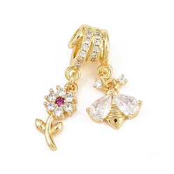 Настоящее золото 18K Подвески из латуни с прозрачными и темно-розовыми кубическими циркониями, украшенные инкрустацией., Подвески в виде пчелок и цветов, стойки покрытие, долговечный, без свинца и без кадмия, реальный 18 k позолоченный, 28 мм, отверстия : 3 mm и 4 мм