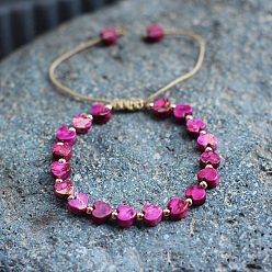 Фуксин Женские плетеные браслеты из бусин в форме сердца из натуральной имперской яшмы, окрашенной в богемском стиле, с латунными бусинами и вощеным шнуром, фуксиново-красные, 5.91~9.84 дюйм (15~25 см)