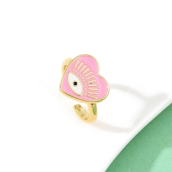 Настоящее золото 18K Кольцо-манжета с розовым эмалевым сердцем и открытым глазом, стеллаж для латунных украшений для женщин, без свинца и без кадмия, реальный 18 k позолоченный, регулируемый; 14x15.5мм