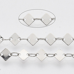 Platinum Soldered Brass Link Chains, with Spool, Rhombus, Platinum, 3.8x2.5x0.5mm, about 39.37 Feet(12m)/roll