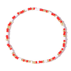 Red Boho Round Glass Seed Beaded Stretch Bracelets for Women, Red, 6.89 inch(17.5cm)