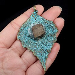 Brun De Noix De Coco Pendentifs en pierre naturelle, à la feuille d'alliage, brun coco, 66x45x6mm