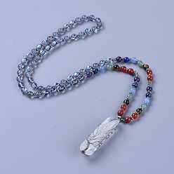 Лунный Камень Ожерелье из синтетического лунного камня и натурального смешанного камня, с подвеской из кварцевого хрусталя и латунными находками, 28.3 дюйм (72 см), бусины : 4~6.5 мм, Кулон : 57~63x13~17x14~16 мм