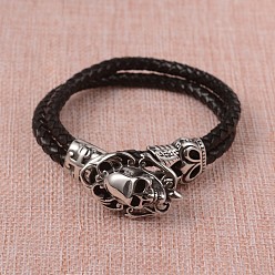 Black Braided Leather Cord Bracelets, Multi-strand Bracelets, with 316 Stainless Steel Skull Clasps, Antique Silver, Black, 9-1/8 inch(23.3cm)