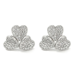 Platinum Rack Plating Brass Micro Pave Clear Cubic Zirconia Stud Earrings for Women, Cadmium Free & Lead Free, Long-Lasting Plated, Heart, Platinum, 12x15mm
