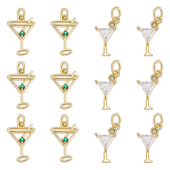Mixed Color 12Pcs 2 Styles Brass Pave Cubic Zirconia Pendants, Drink Charms, with Jump Ring, Rack Plating, Long-Lasting Plated, Cadmium Free & Lead Free, Real 18K Gold Plated, Mixed Color, 14~15x7.5~9x2.5~3mm, Hole: 2~3mm, 6pcs/style