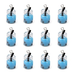 Небесно-голубой Стеклянные подвески для бутылок, со смолой внутри и железными находками, имитация пузырчатого чая, голубой, 20~25x11~14x11 мм, отверстие : 1.8 мм