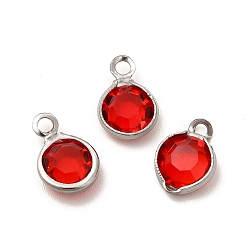 Red 304 Stainless Steel with Glass Charms, Stainless Steel Color, Faceted Flat Round, Red, 9.5x6.5x2mm, Hole: 1.5mm