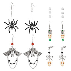 Mixed Shapes Комплекты серег-гвоздиков и подвесок из сплава эмали и синтетической бирюзы к Хэллоуину, с фурнитурой для сережек из нержавеющей стали, разнообразные, разноцветные, 38~90x10~47.5 мм, 4 пар / набор
