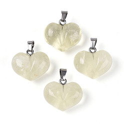 Лимонный Кварц Массивные подвески в форме сердца из натурального лимонного кварца, с 304 защелкой из нержавеющей стали на поручнях, цвет нержавеющей стали, 17~18x20~20.5x11~12 мм, отверстие : 5.5~6x2.5~3.5 мм