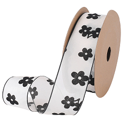 Цветок 1рулонные полиэстеровые шифоновые ленты с печатью, аксессуары для одежды, подарочная упаковка, чёрные, цветок, 1-5/8 дюйм (40 мм), 10 ярдов / ролл