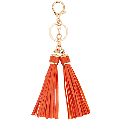 Dark Orange 1Pc PU Leather Tassel Keychains, with Alloy Findings, Light Gold, Dark Orange, 190mm