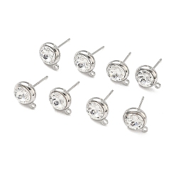 Real Platinum Plated SHEGRACE Brass Rhinestone Flat Round Stud Earring Findings, Cadmium Free & Nickel Free & Lead Free, with Loop, Real Platinum Plated, 10x8mm, Hole: 1.2mm