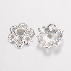 Silver Alloy Bead Caps, Hollow 6-Petal Flower, Silver Color Plated, 6.5x2mm, Hole: 1mm