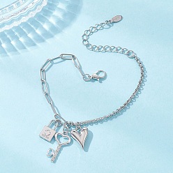 Платиновый & Цвет Нержавейки Браслеты с подвесками из сплава, 304 цепочки-скрепки и роллы из нержавеющей стали для женщин, замок, ключ и сердце, платины и нержавеющая сталь цвет, 7-1/2 дюйм (19 см)